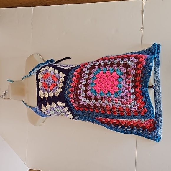 Hand Crafted crochet halter top split dress open back swim coverup multicolored - Picture 17 of 17